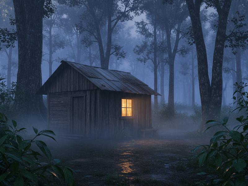 Cabin near the Tlaxcala firefly forest under a cloudy summer night sky
