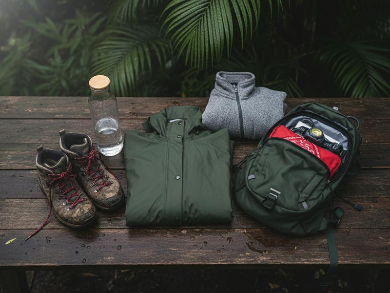 Rain jacket hiking shoes and warm layer packed for the Tlaxcala firefly sanctuary