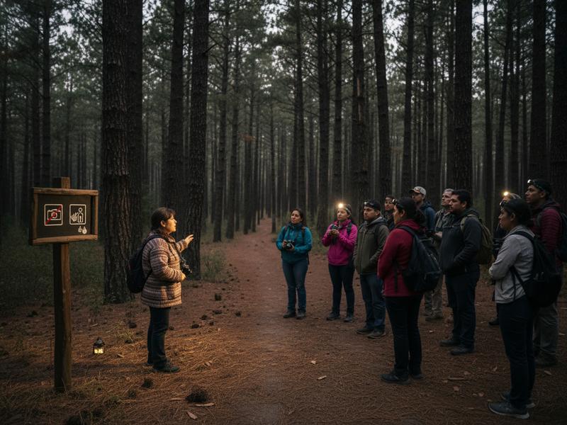 Guide explaining low-light rules before a Tlaxcala firefly sanctuary walk