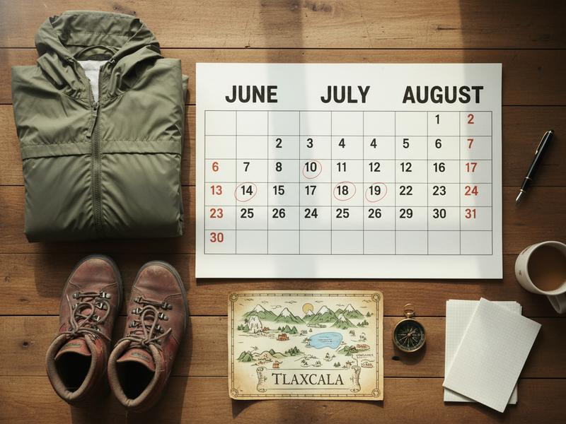 Calendar-style travel planning scene for Tlaxcala firefly season from June to August