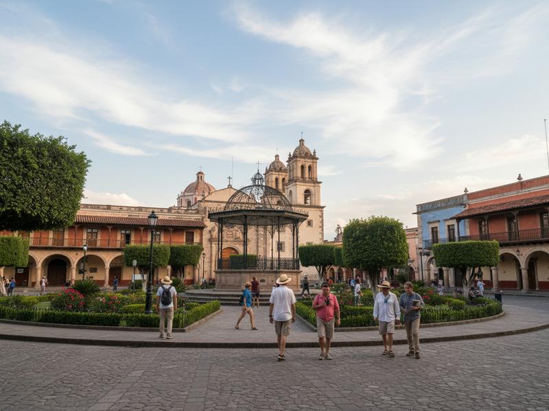 Travelers walking through Tlaxcala city before a firefly forest night tour