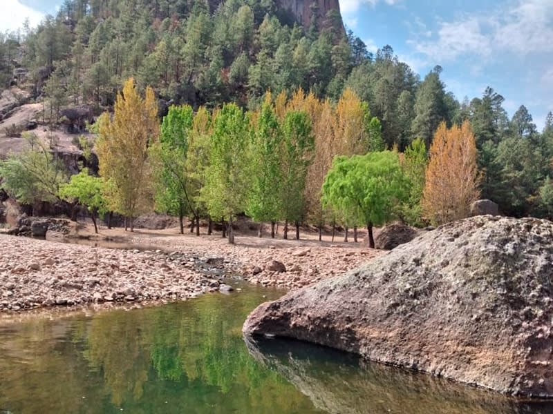 Tónachi waterfall and river in the Sierra Tarahumara near Guachochi with crystal-clear mountain water