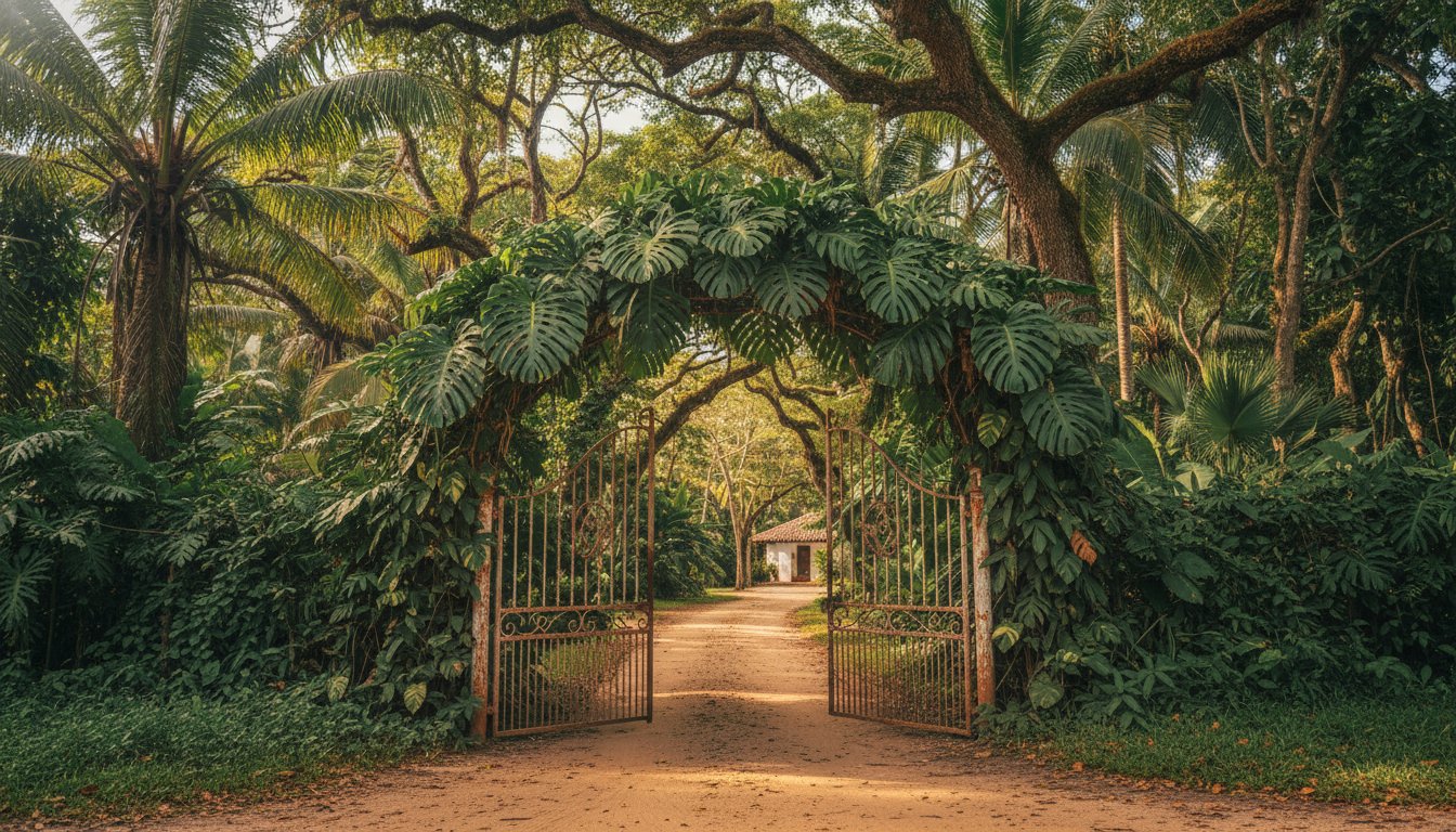 Wooden entrance gate to Hacienda Jesús María showing the CACEP signage and dirt road approach