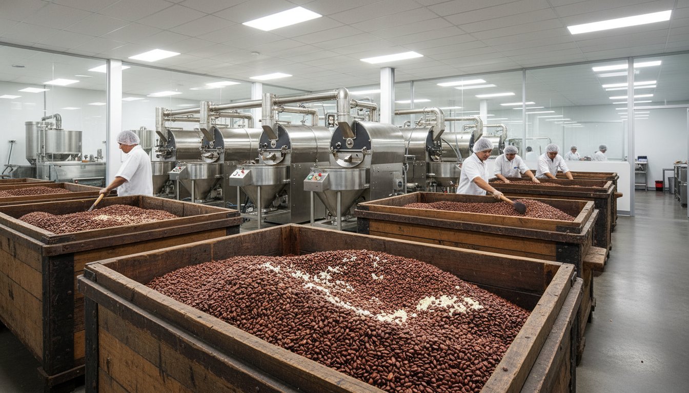 CACEP chocolate factory production line showing tempering and molding machines inside Hacienda Jesús María