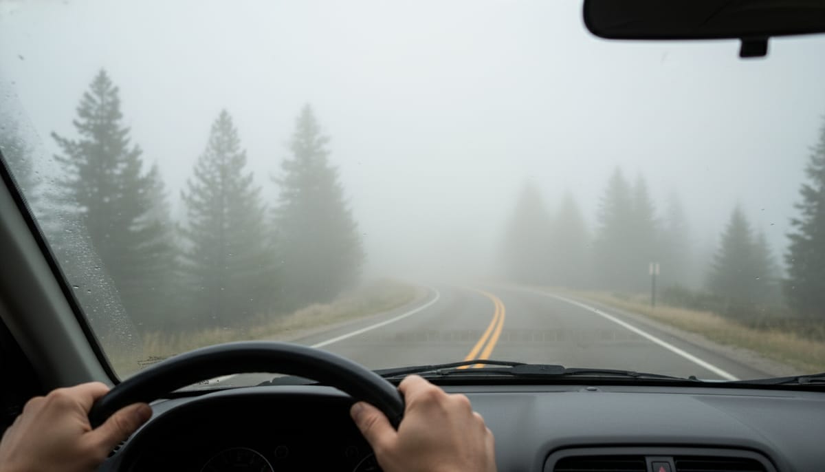Dense fog on mountain road driving to Pueblos Mancomunados in Oaxaca Sierra Norte