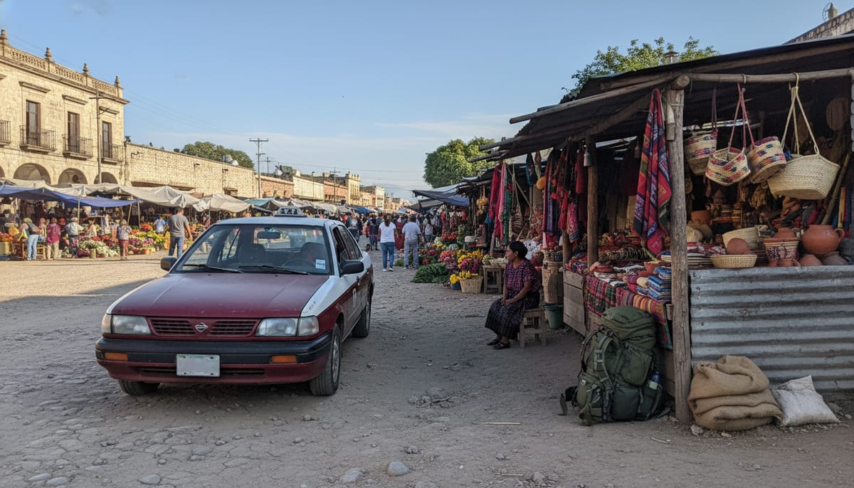Maroon and white colectivo shared taxi in Oaxaca used for Sierra Norte mountain transport