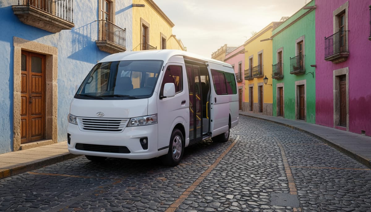 Tour van on cobblestone street in Oaxaca City center near Expediciones Sierra Norte office