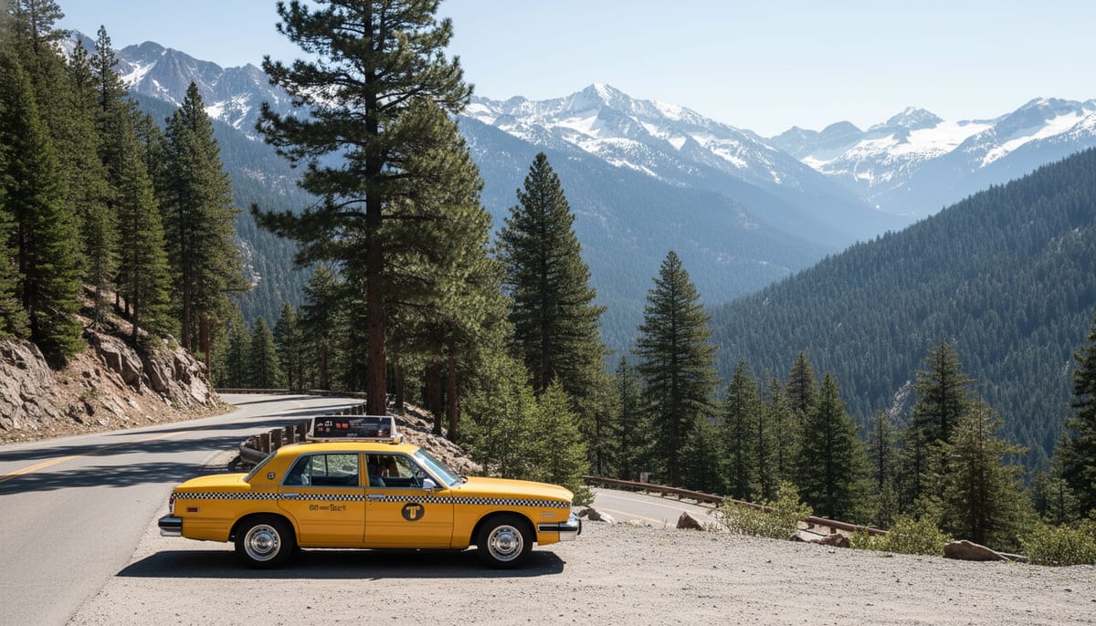 Yellow taxi stopped on the winding mountain road to Pueblos Mancomunados Sierra Norte