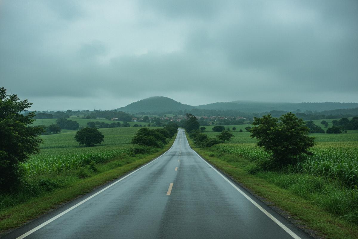 Road through rainy season countryside toward Nanacamilpa and the Tlaxcala firefly forest