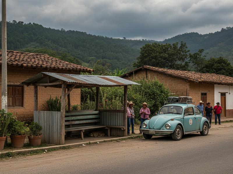 Small bus and taxi transfer setup near Nanacamilpa Tlaxcala