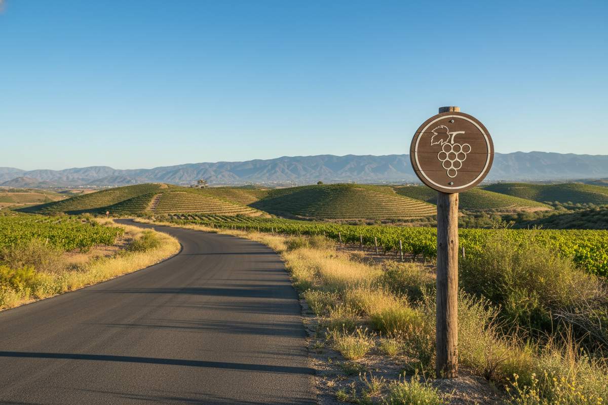Road sign and vineyard hills on the way to Valle de Guadalupe in Baja California