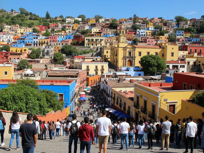 Colorful buildings in Guanajuato City with tourists walking through the safe historic center