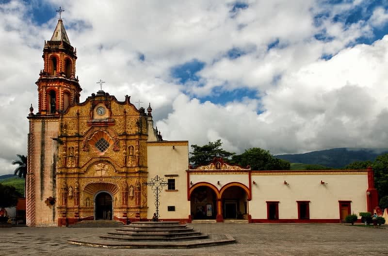 Mission of Santiago Apostle in Jalpan de Serra with ornate Churrigueresque facade built by Fray Junipero Serra in 1758