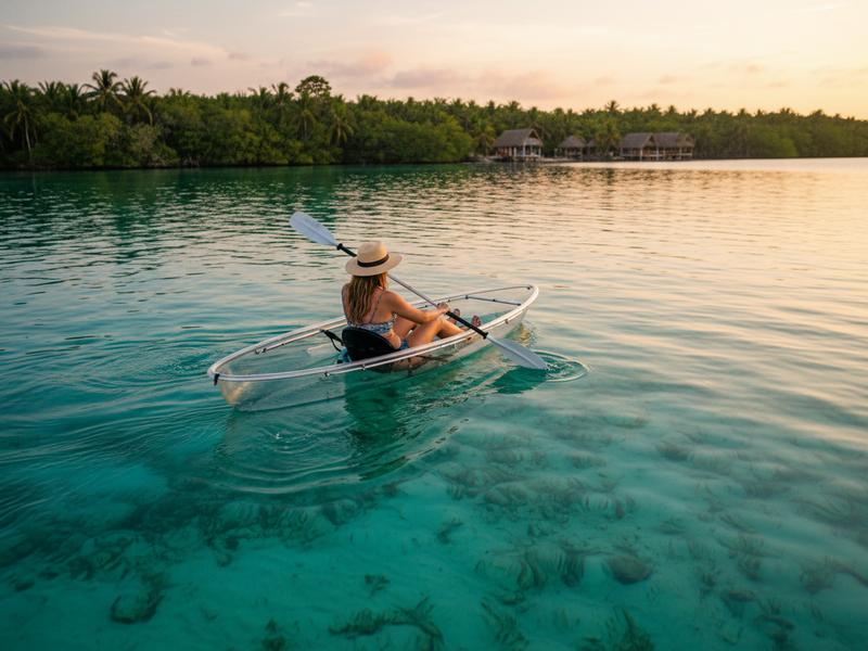Kayaker paddling through the varying blue shades of Bacalar's Seven Colors Lagoon