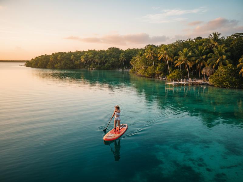 Stand-up paddleboarder on crystal-clear turquoise waters of Bacalar Lagoon