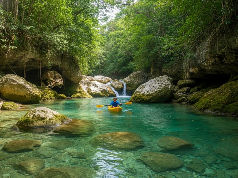 Kayaker on turquoise river in the Huasteca Potosina region with lush jungle banks