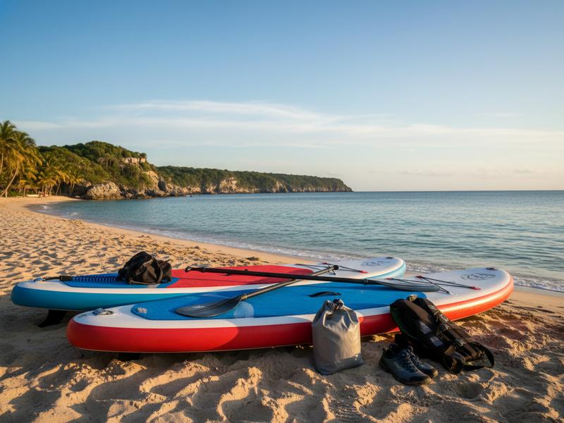 SUP and kayak equipment on beach with tropical backdrop