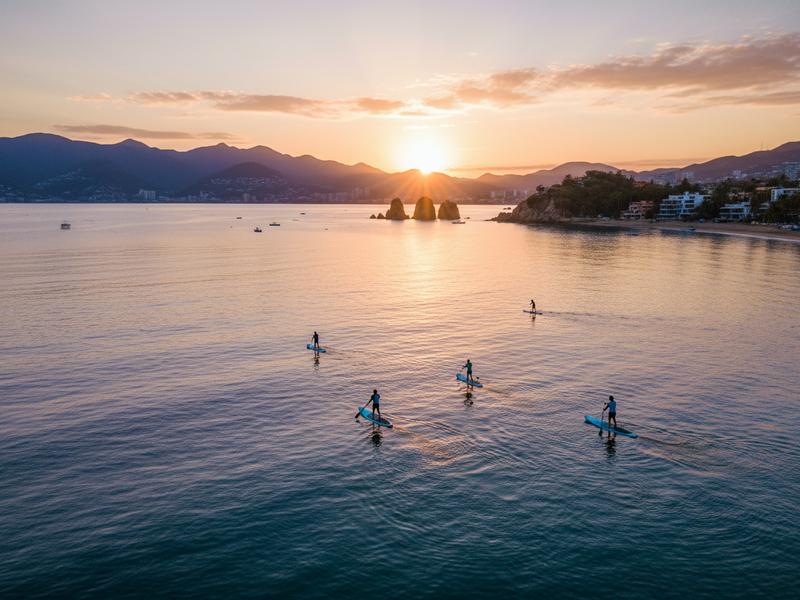 Stand-up paddleboarder at sunrise in Banderas Bay with mountains in background