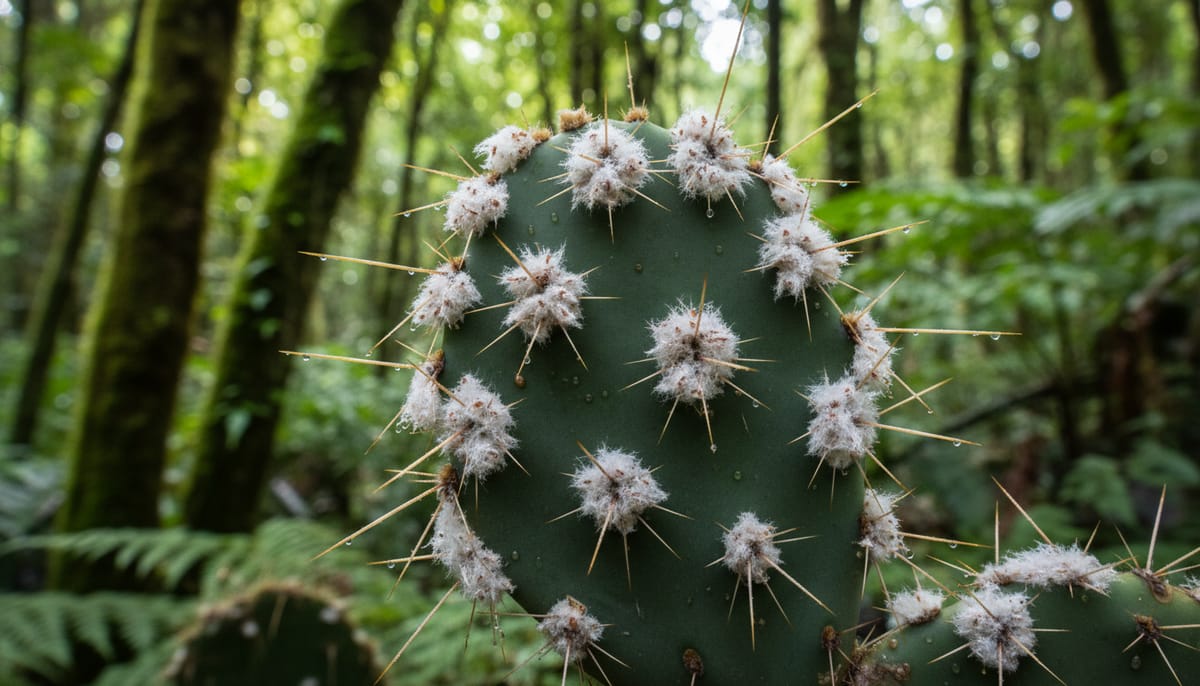 Macro view of cochineal insects on a cactus leaf in Oaxaca