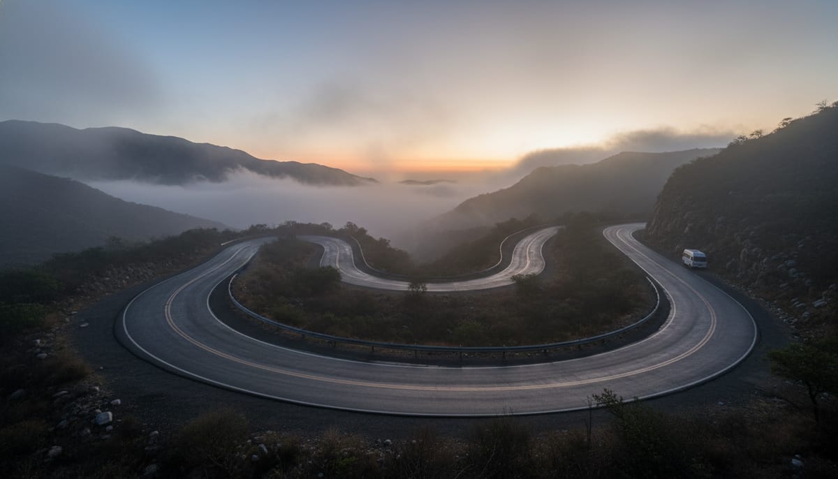 Sunrise over a mountain road showing early morning transport conditions