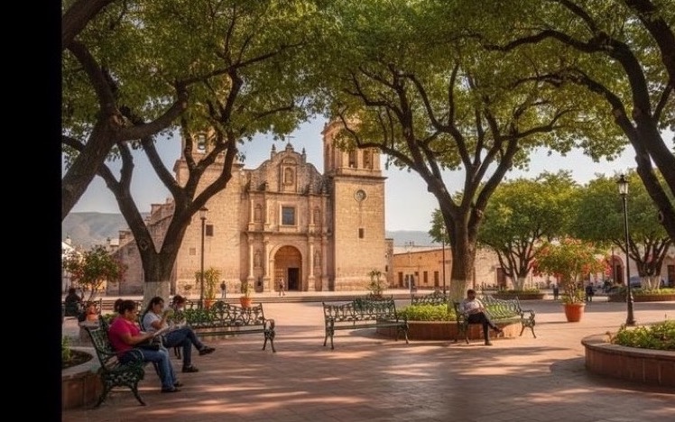 Benches and arcades around Linares Plaza de Armas during a March afternoon