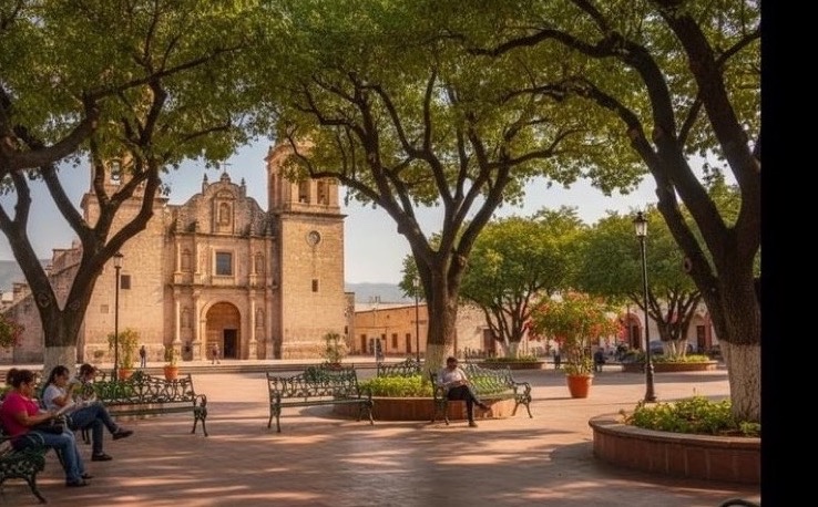 Linares Plaza de Armas with shade and March afternoon light in Nuevo Leon