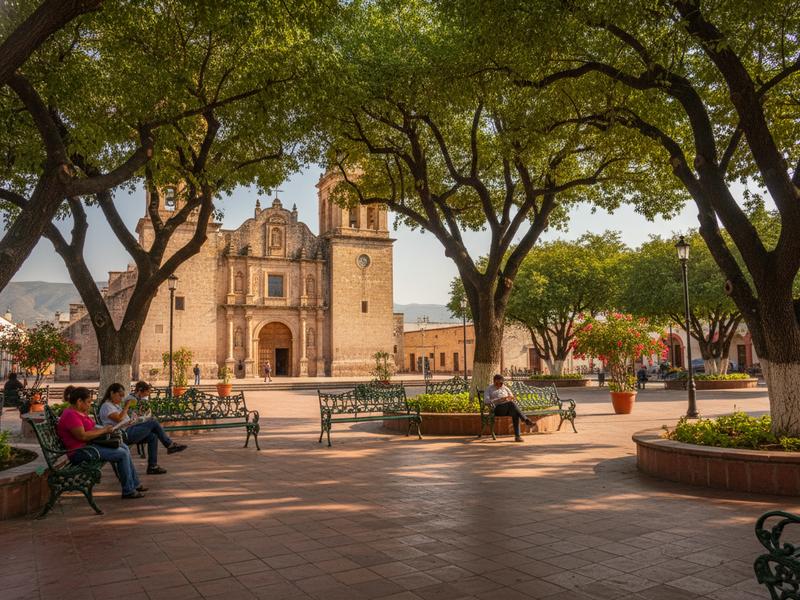 Shaded benches and arcades around Linares Plaza de Armas during a bright northern Mexico afternoon