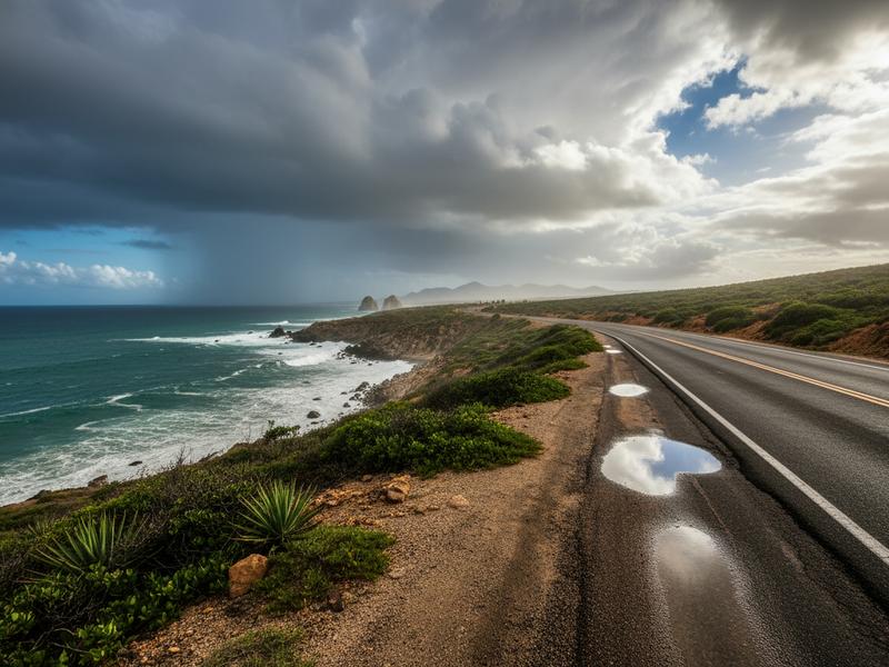 Desert highway and coastline in Los Cabos after summer rain, showing how storm season changes the landscape