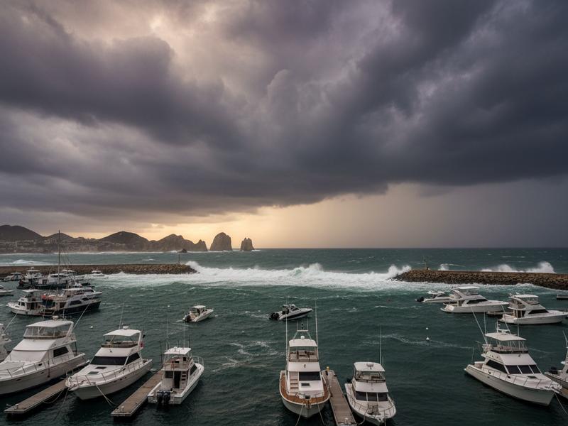Cabo San Lucas marina with boats and changing sea conditions during the eastern Pacific storm season