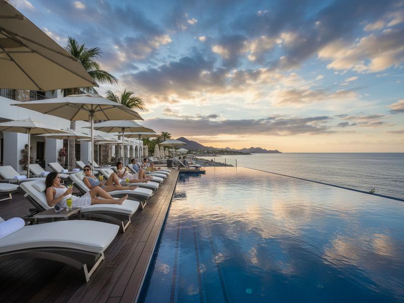 Luxury resort pool in Los Cabos during warm summer weather, showing why storm-season value can still appeal