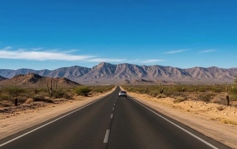 Highway outside Matehuala used for August routes toward San Luis Potosi, Saltillo, and Real de Catorce