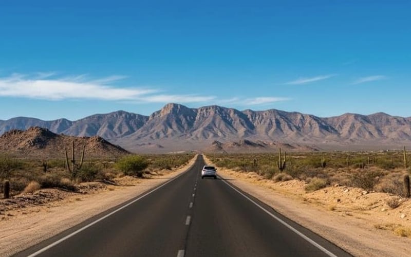 Highway outside Matehuala used for February routes toward San Luis Potosi, Saltillo, Zacatecas, and Real de Catorce