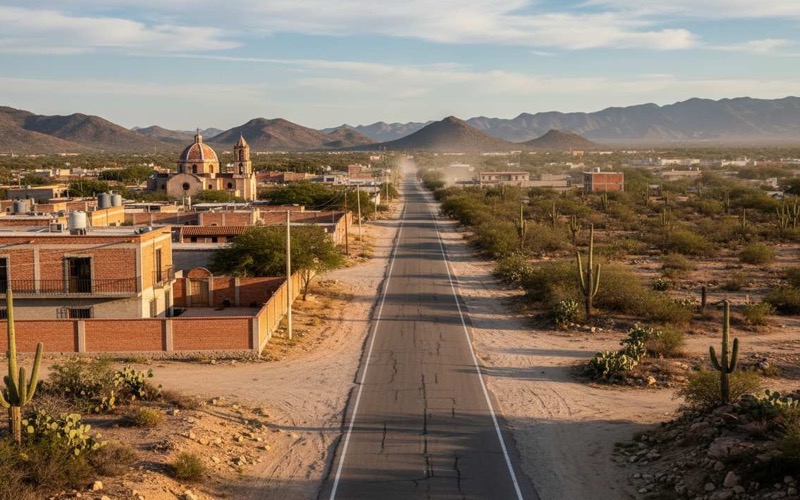 High-desert road near Matehuala under strong June sun before the route toward Real de Catorce