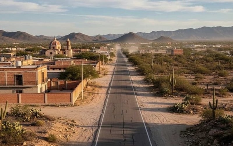 High-desert road near Matehuala in clear November weather before the route toward Real de Catorce