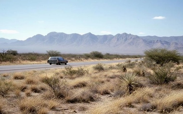 Open desert highway outside Matehuala with dry roadside scrub during October travel season