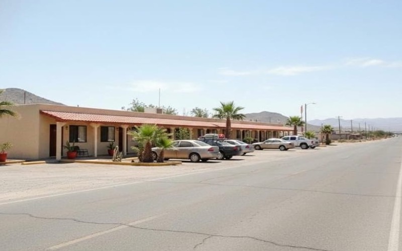 Roadside Matehuala hotel entrance with parking for a September desert road trip