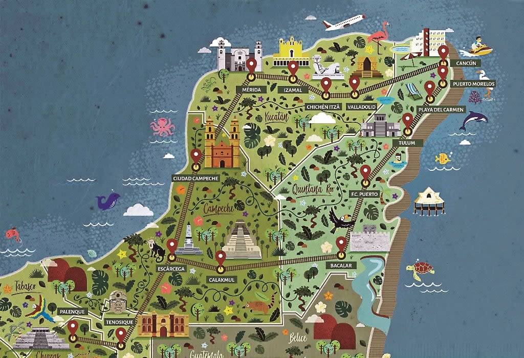 Map of the Maya Train route across southeastern Mexico