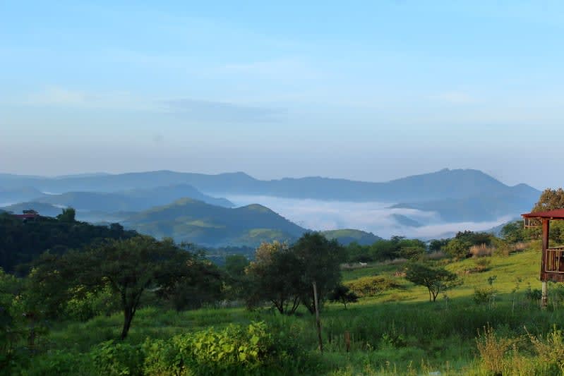 Green hills and distant mountains above low morning mist in the Sierra del Tigre