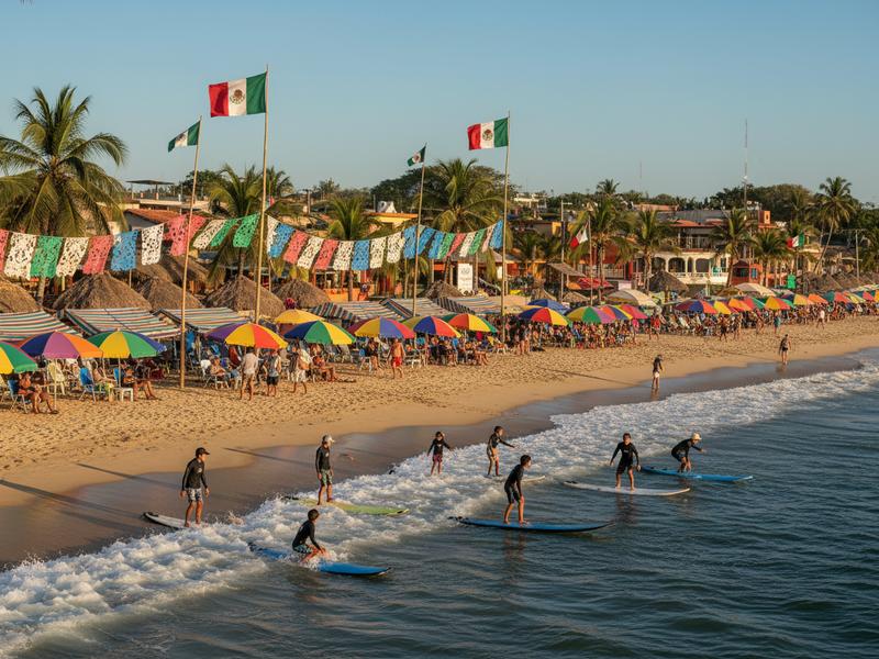 Colorful Sayulita beach town in Nayarit with surfers riding waves and colorful buildings on the hillside