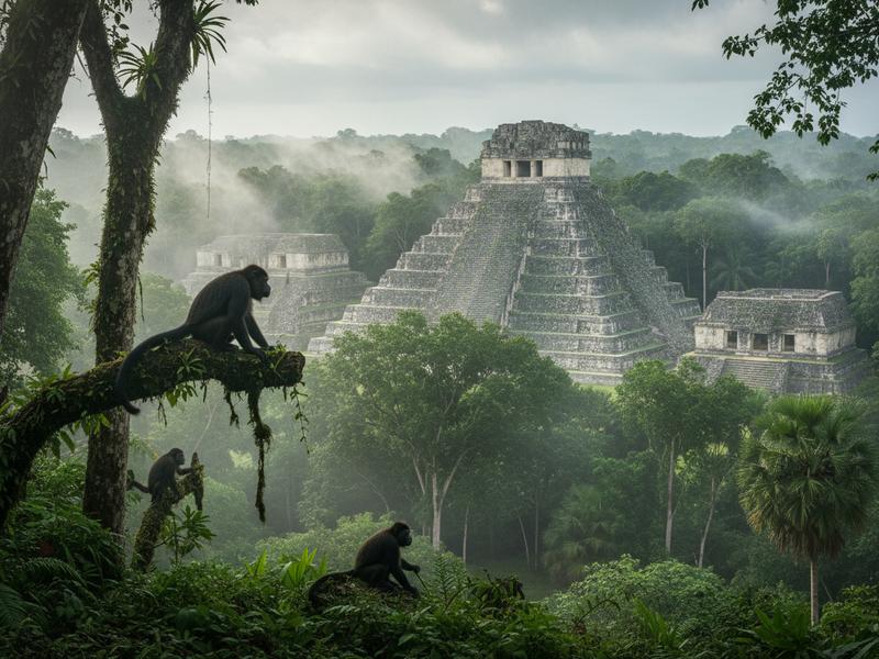Palenque Mayan ruins rising from the jungle canopy in Chiapas Mexico with mist in the background