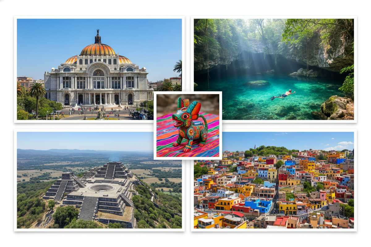 Collage of Mexico's best two-week destinations: Palacio de Bellas Artes, Monte Albán ruins, Caribbean cenote, Guanajuato colorful houses