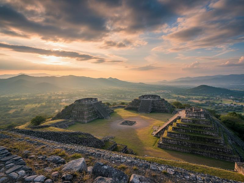 Monte Albán Zapotec archaeological site overlooking the Valley of Oaxaca from its mountain plateau