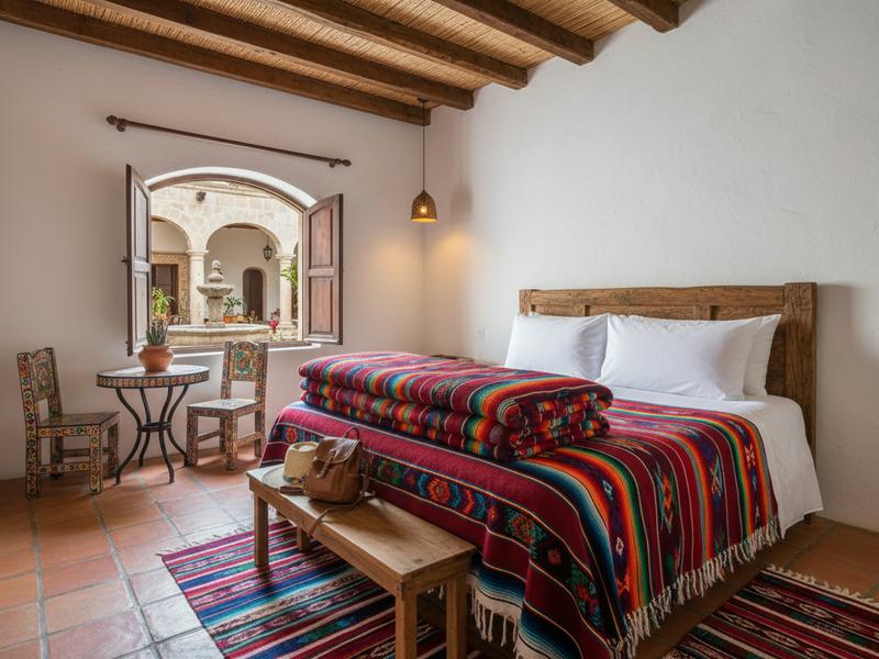 Cozy private room in a colonial Mexican guesthouse with traditional tiles and comfortable double bed