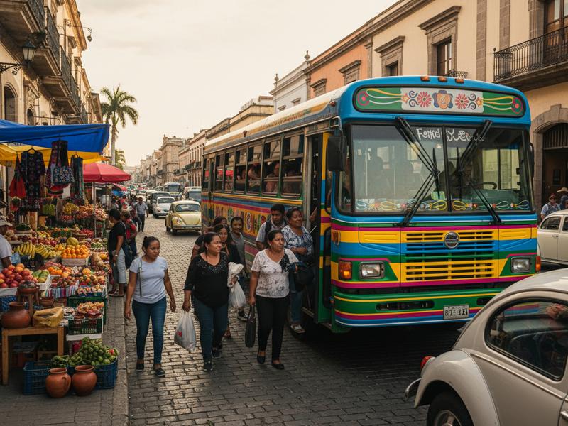 Colorful local bus in Mexican city with passengers boarding, showing affordable public transport option