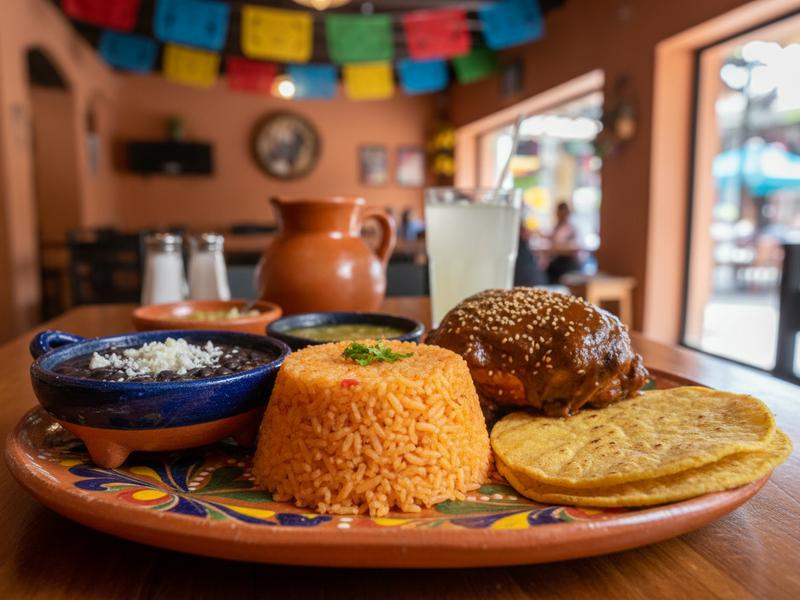 Delicious comida corrida with mole, rice, beans and fresh tortillas served in a traditional Mexican restaurant