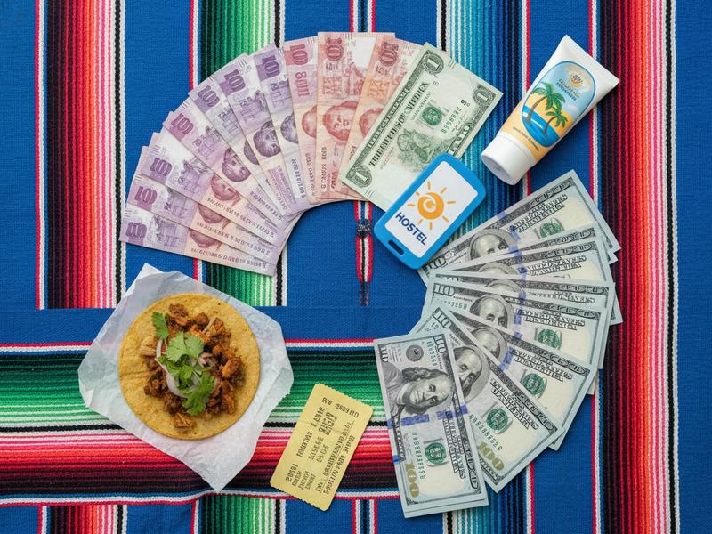 Daily budget breakdown showing accommodation, food, transport and activities totaling $50 in colorful Mexican setting