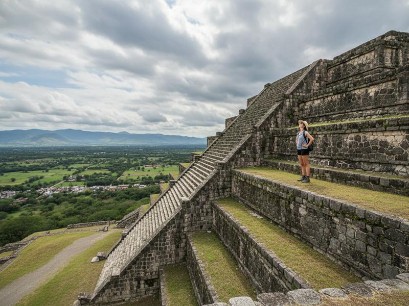Tourist exploring Monte Albán archaeological site in Oaxaca with ancient Zapotec pyramids in background