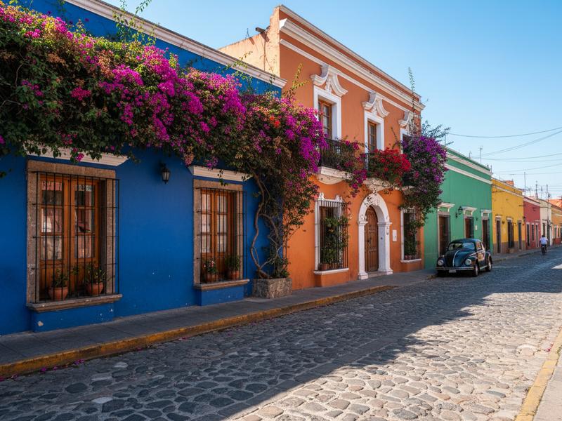 Colorful colonial houses lining a quiet cobblestone street in Coyoacán neighborhood, Mexico City, with bougainvillea overhanging walls