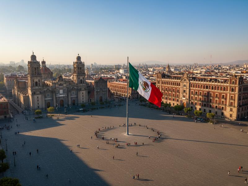 Aerial view of Mexico City's Zócalo main plaza with the Metropolitan Cathedral and Templo Mayor ruins visible