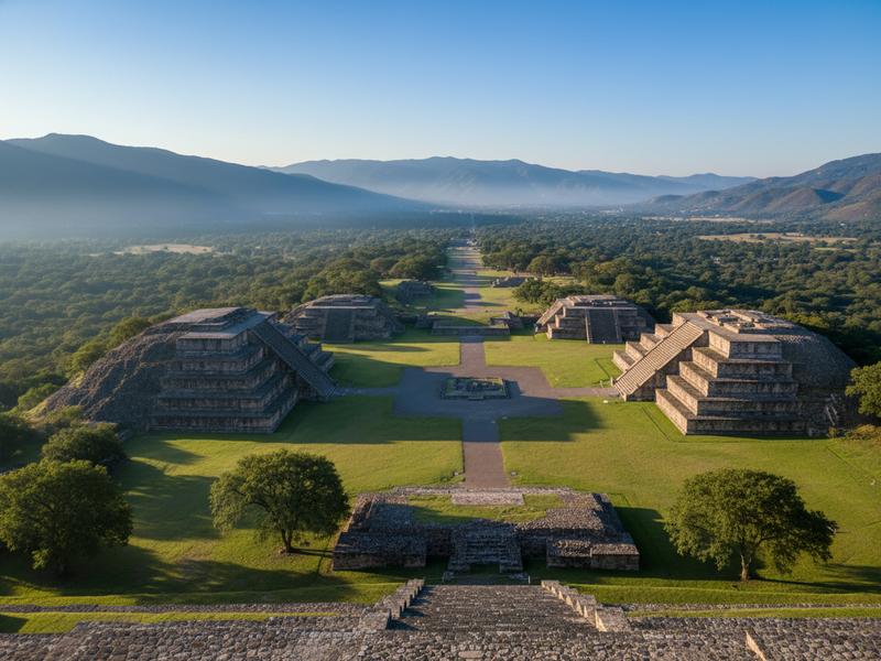 Wide view of Monte Albán archaeological site with Zapotec pyramids and the Grand Plaza overlooking the Valley of Oaxaca at sunrise